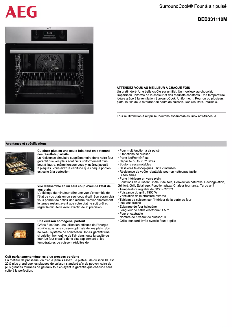 Page 1 de la notice Fiche technique AEG BEB331110M