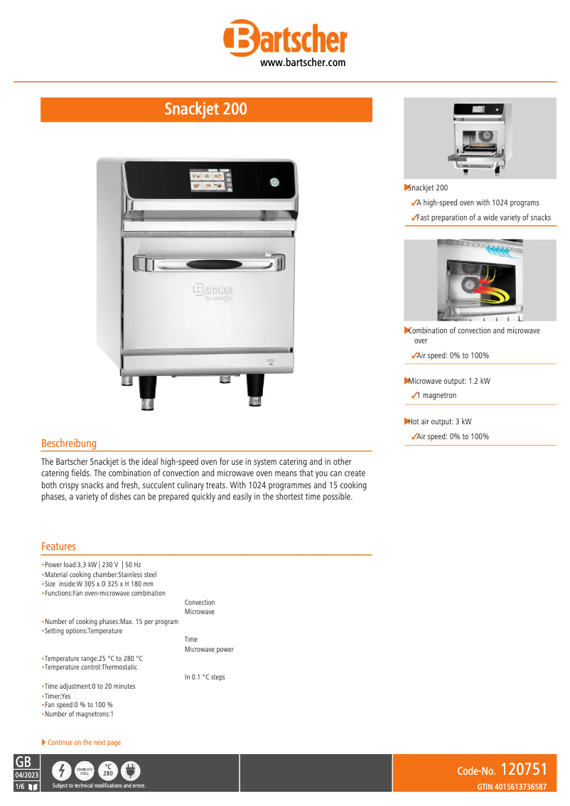 Página 1 del manual Ficha técnica Bartscher Snackjet 200