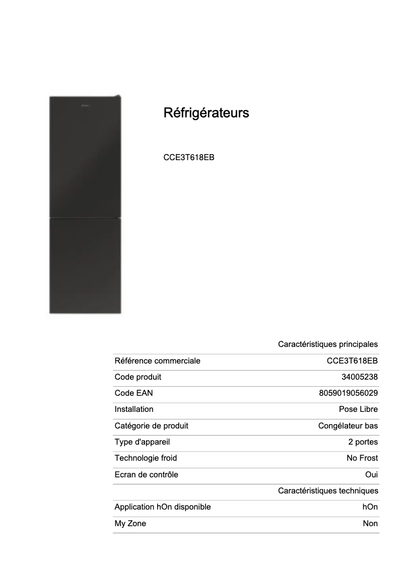 Page 1 de la notice Fiche technique Candy CCE3T618EB