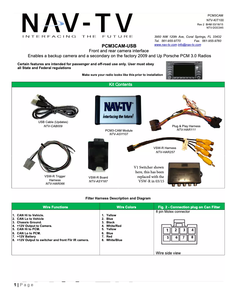 Page 1 de la notice Manuel utilisateur NAV-TV PCM3-CAM NTV-KIT100