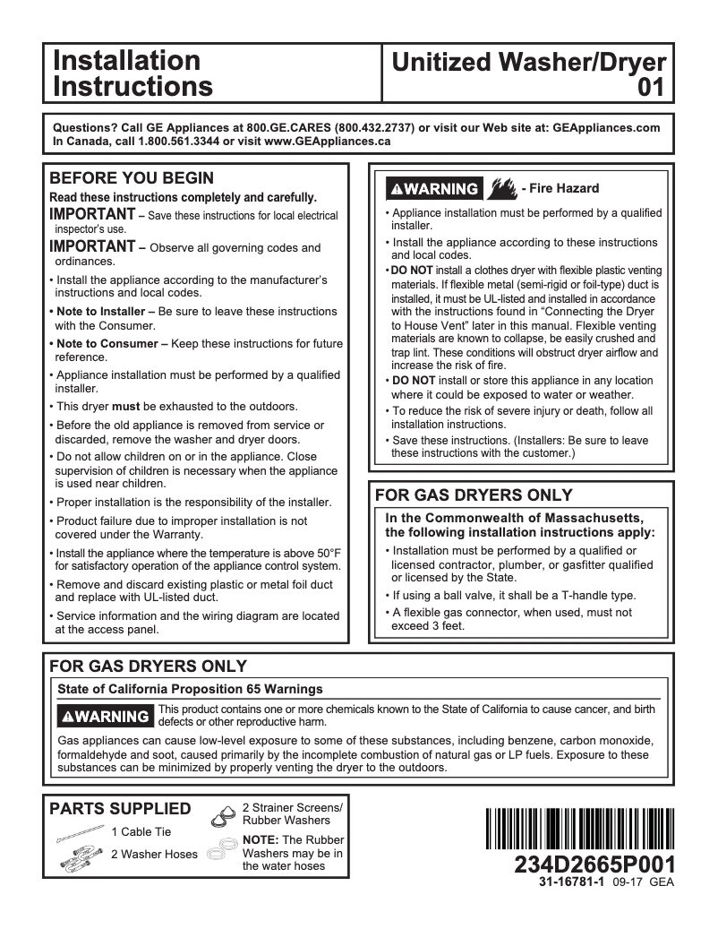 Page 1 de la notice Guide d'installation GE GUD24GSSMWW