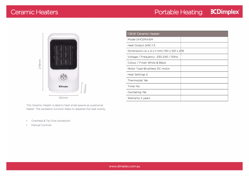 Page 1 de la notice Fiche technique Dimplex DHCERA15M