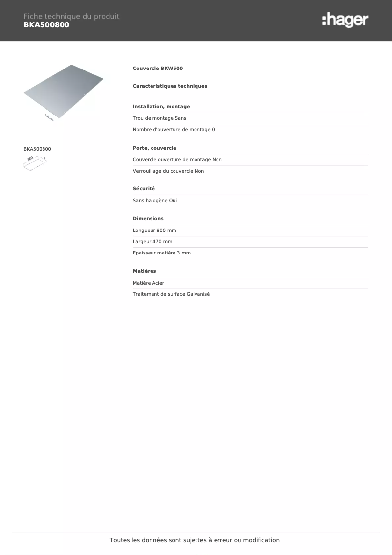 Page 1 de la notice Fiche technique Hager BKA500800