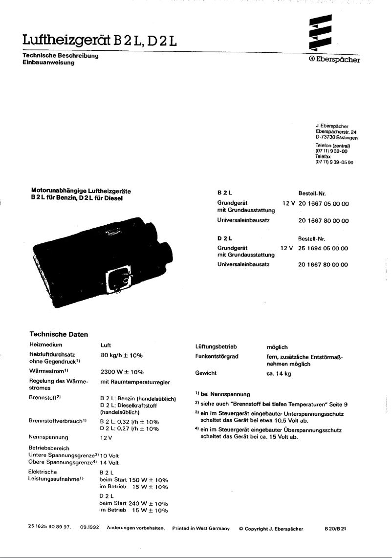 Page n°1 - Manuel utilisateur Eberspacher B2L