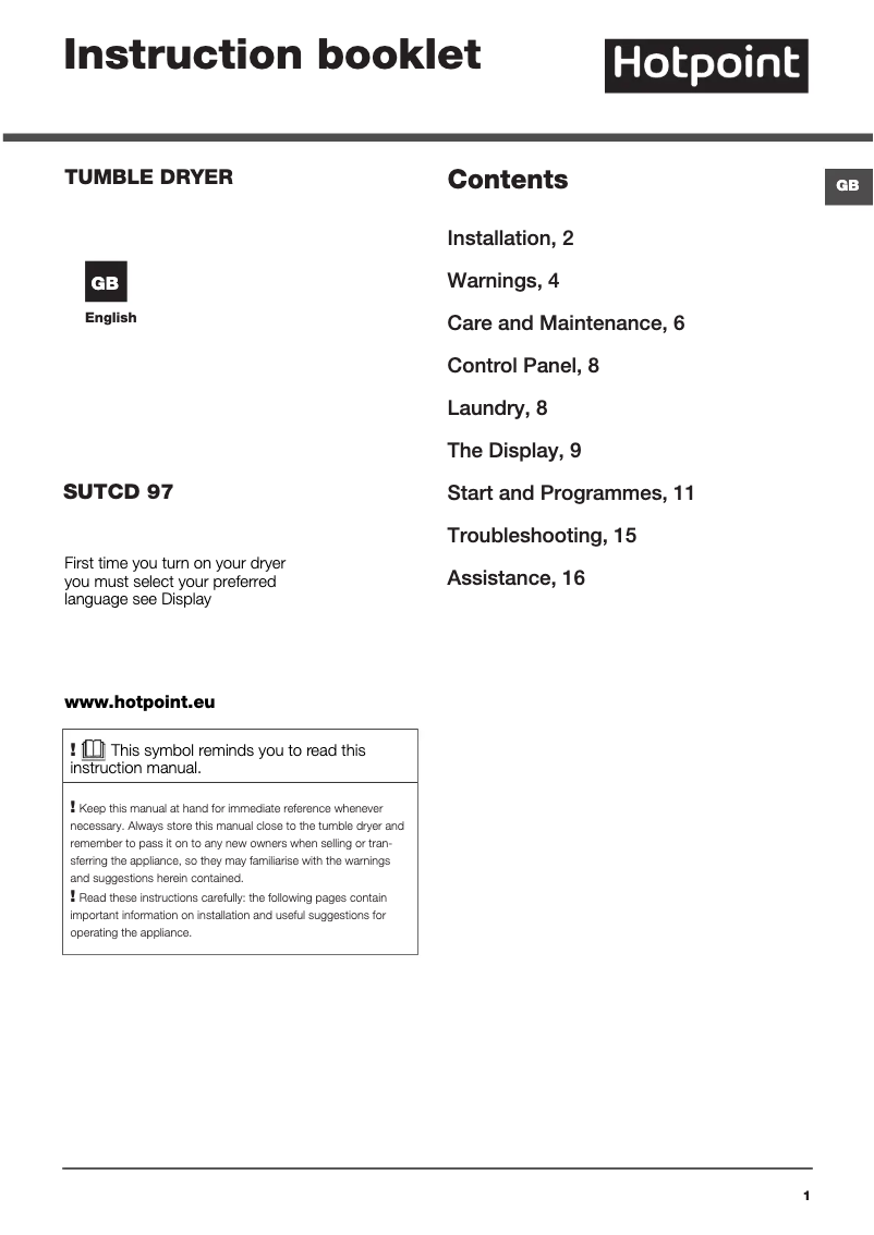 Page n°1 - Manuel utilisateur Hotpoint SUTCD 97B 6GM (UK)