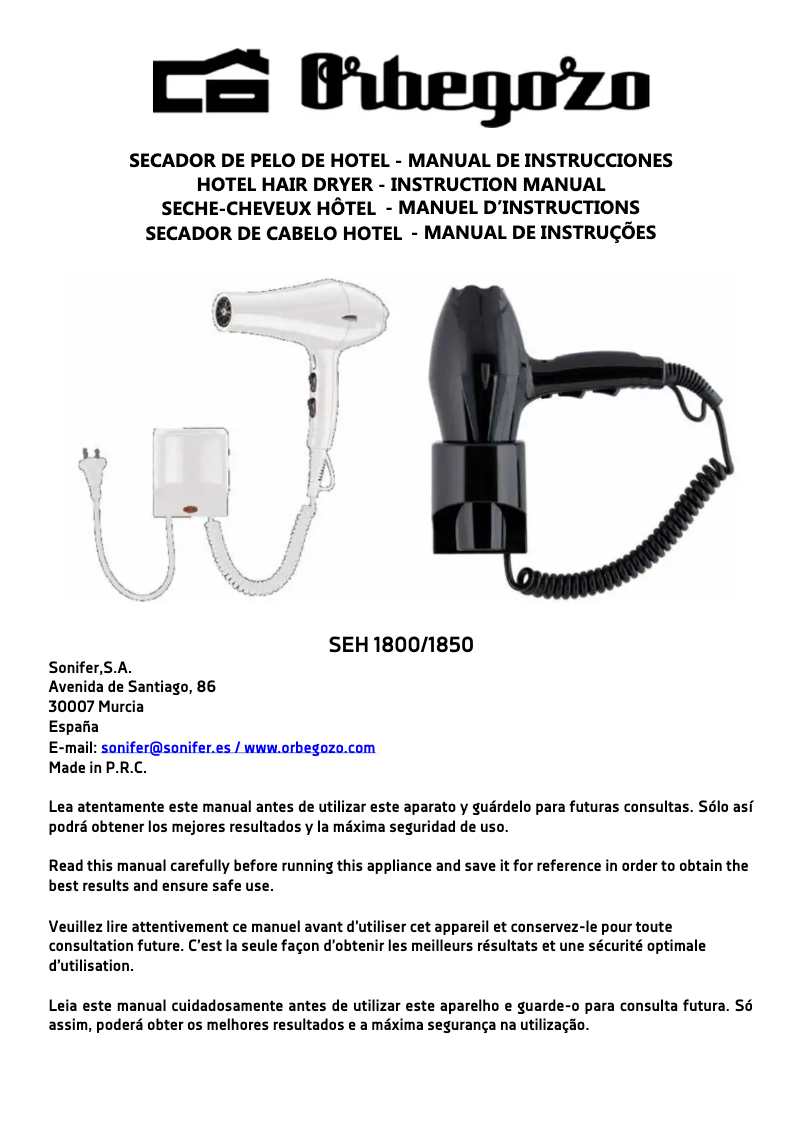 Page 1 of the manual User Manual Orbegozo SEH 1800