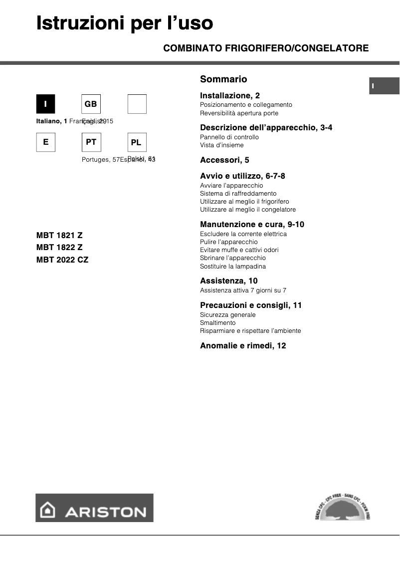 Page 1 de la notice Manuel utilisateur Ariston Thermo MBT1821Z