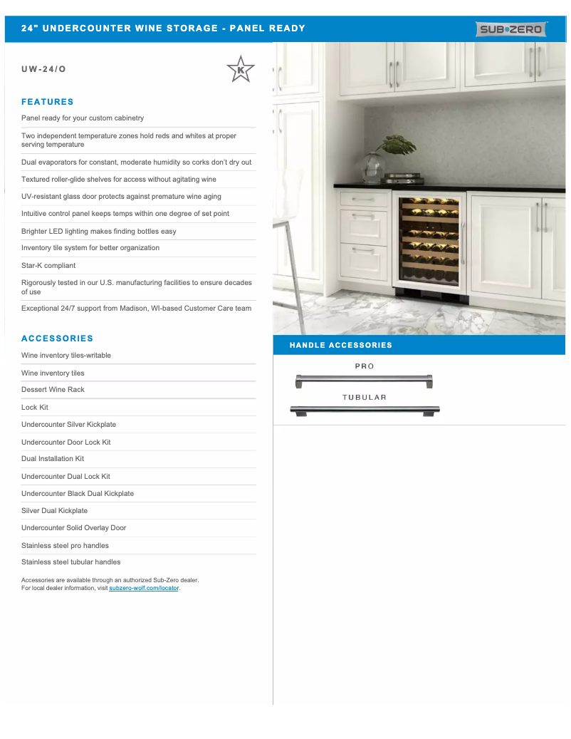 Page 1 de la notice Fiche technique Sub-Zero UW-24/O-LH