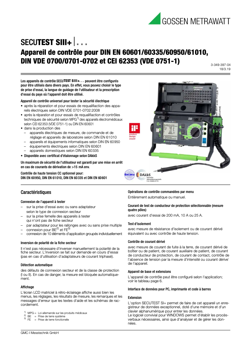Page n°1 - Fiche technique Gossen Metrawatt SECULIFE ST M693A