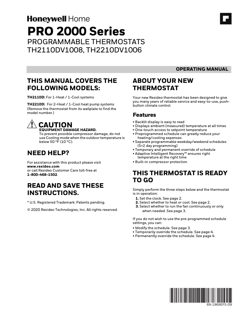 Page n°1 - Manuel utilisateur Honeywell TH2210DV1006/U