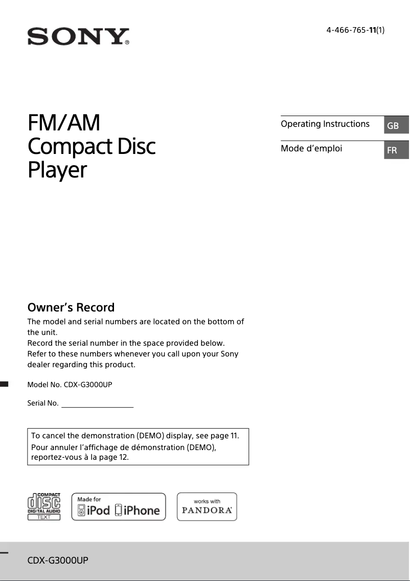 Page n°1 - Manuel utilisateur Sony CDX-G3000UP