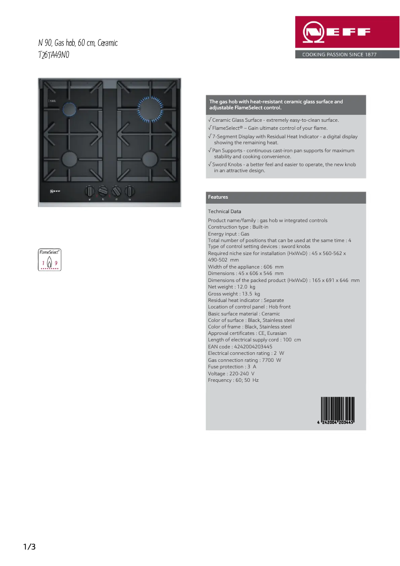 Page 1 de la notice Fiche technique Neff T26TA49N0