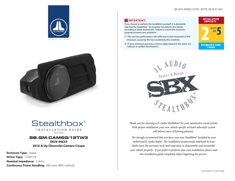 Page n°1 - Manuel utilisateur JL Audio Stealthbox SB-GM-CAM6G/12TW3