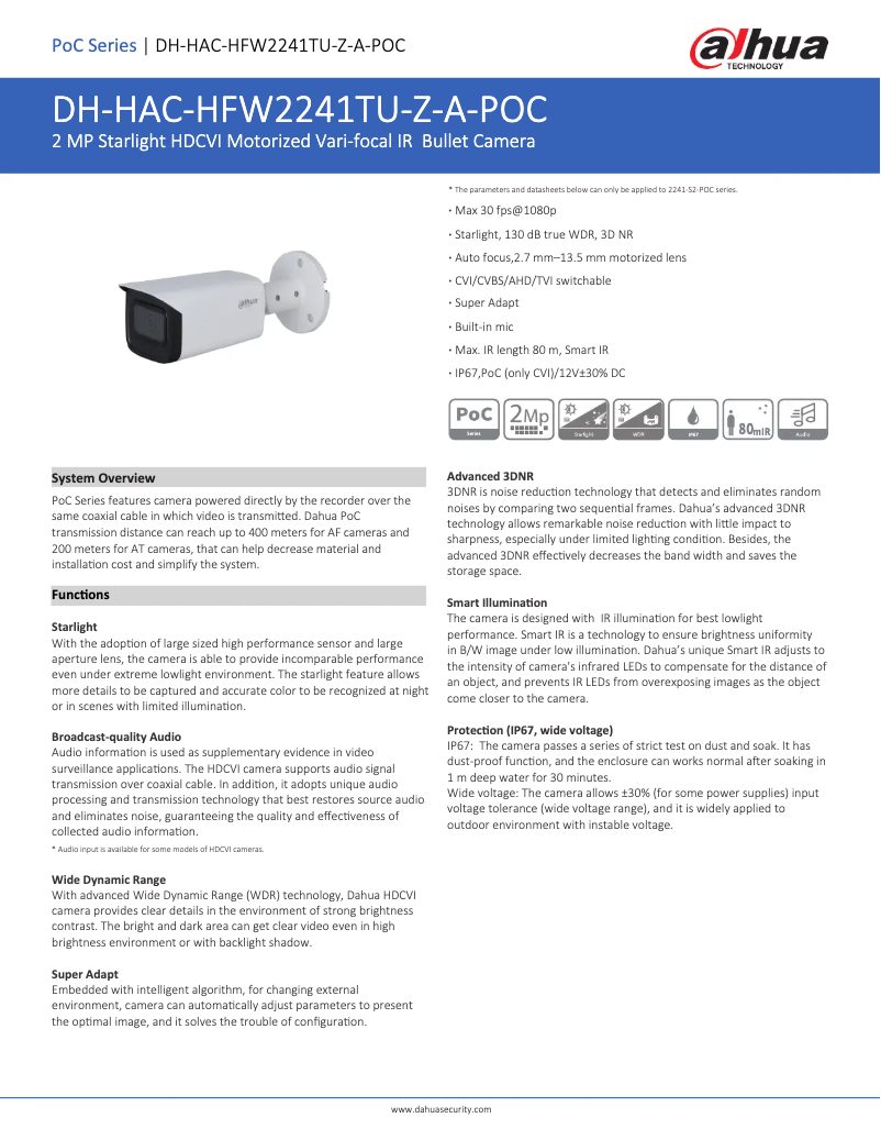 Page 1 de la notice Fiche technique Dahua Technology HAC-HFW2241TU-Z-A-POC