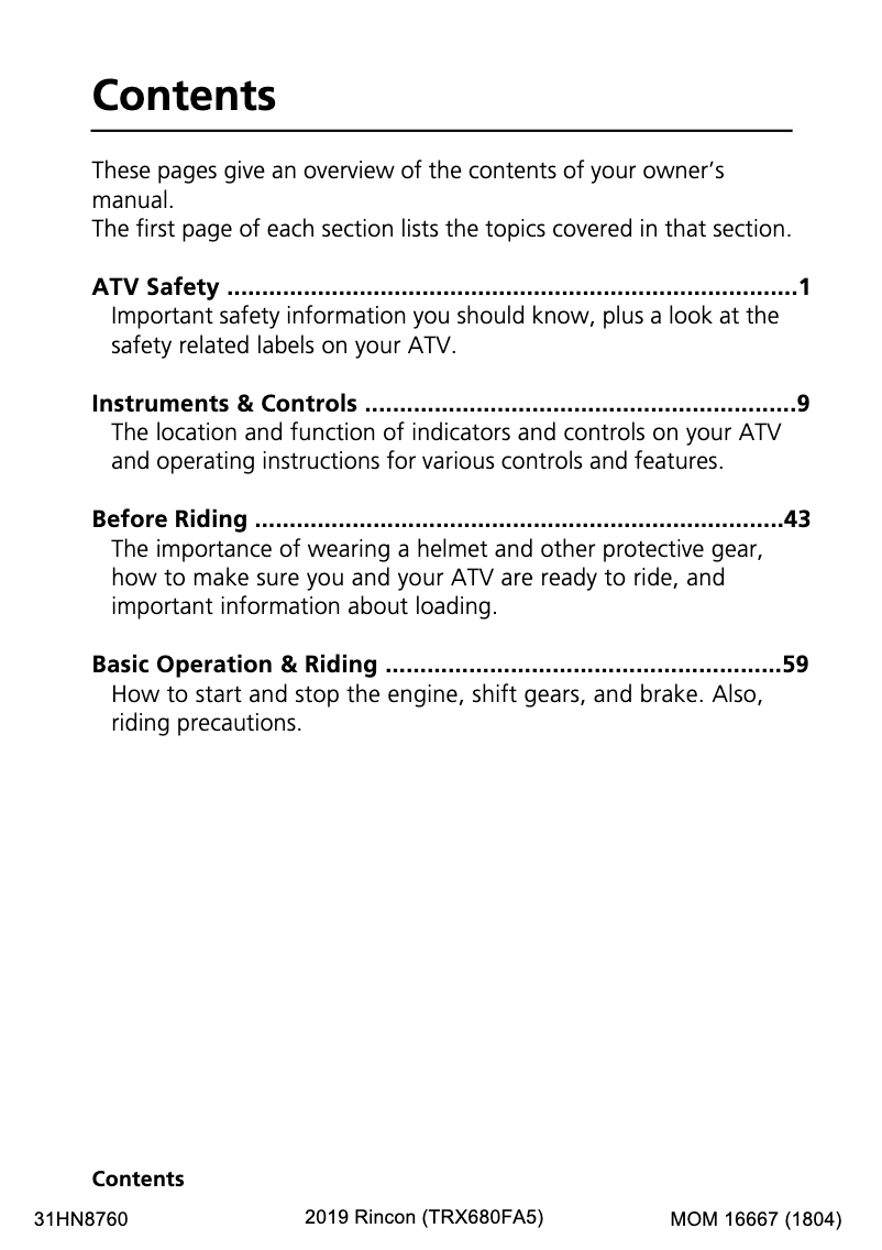 Image de la première page du manuel de l'appareil FourTrax Rincon TRX680FA5 (2019)