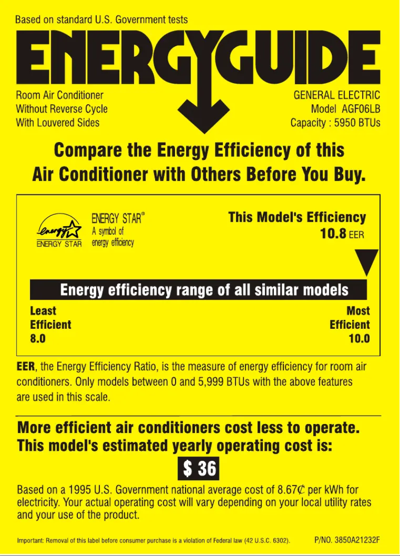 Page 1 de la notice Label énergétique GE AGF06LB