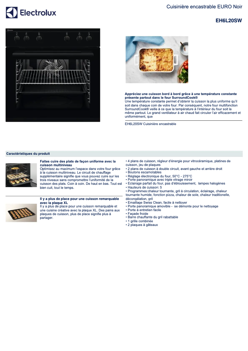 Page 1 de la notice Fiche technique Electrolux EH6L20SW