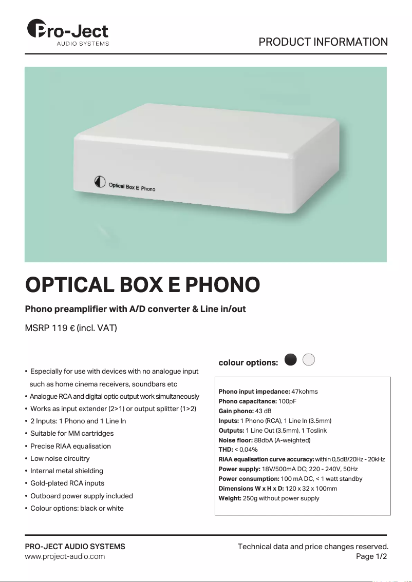 Page n°1 - Fiche technique Pro-Ject Optical Box E Phono