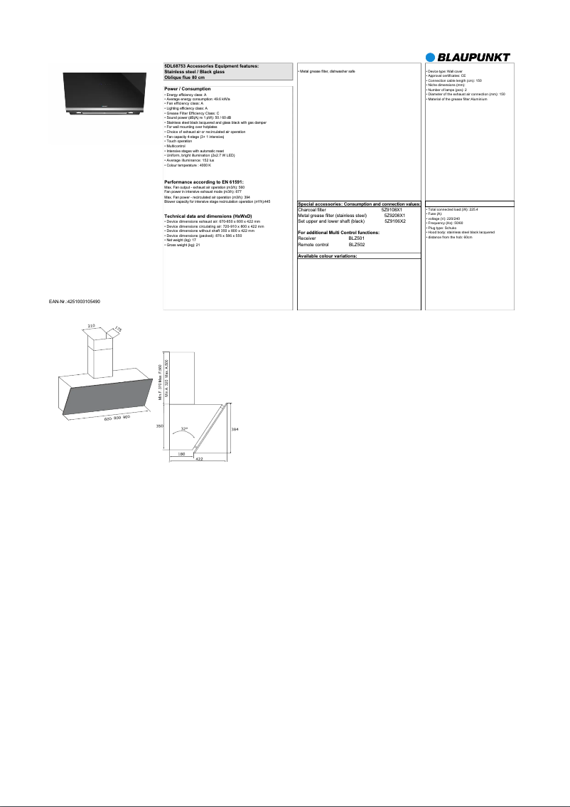 Page 1 de la notice Fiche technique Blaupunkt 5DL68753