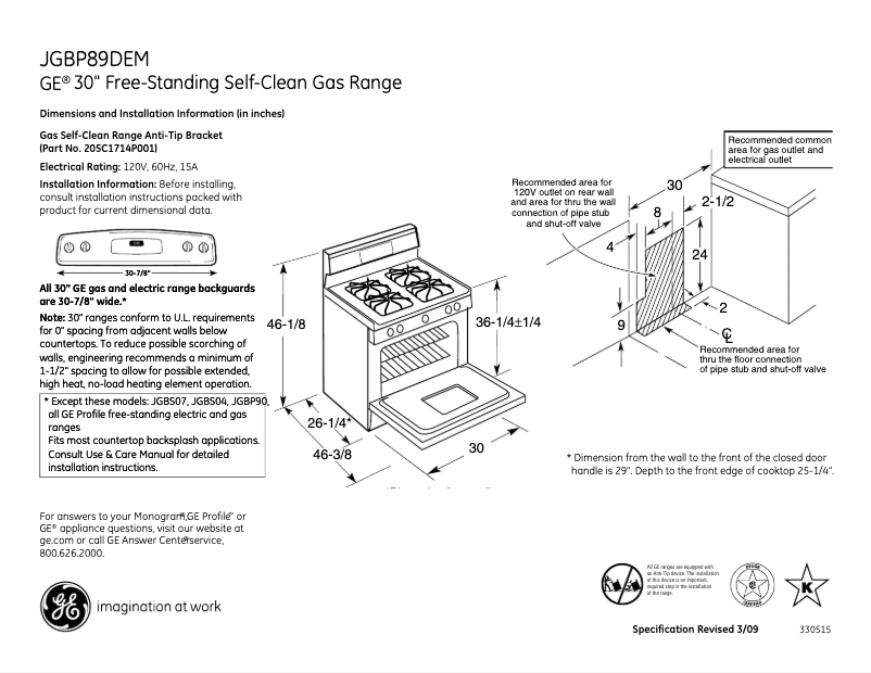 Page 1 of the manual Technical Sheet GE JGBP89DEMWW