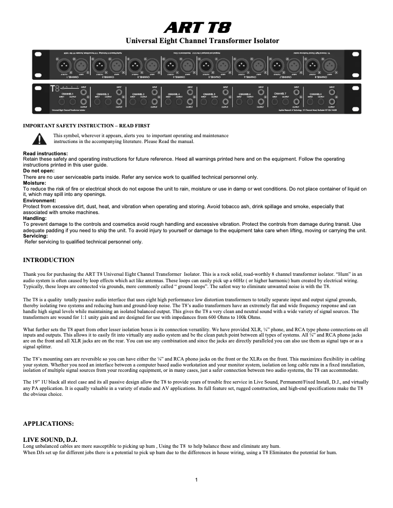 Page 1 de la notice Manuel utilisateur ART T8