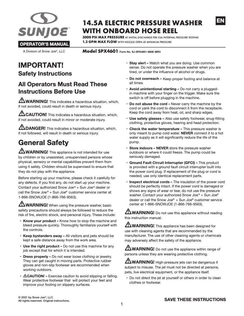 Page n°1 - Manuel utilisateur Sun Joe SPX4601