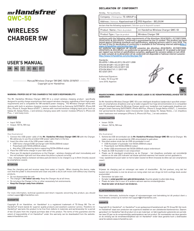 Page n°1 - Manuel utilisateur Mr. Handsfree QWC-50