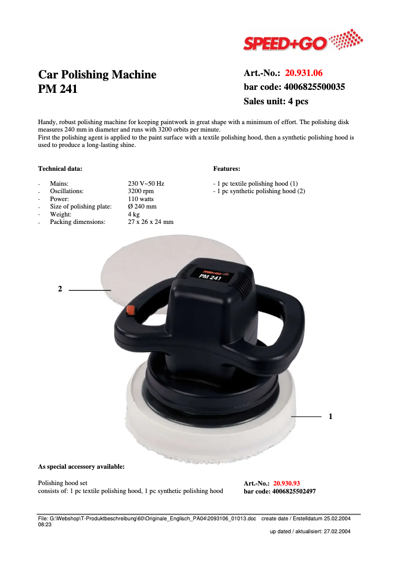 Page 1 de la notice Fiche technique Speed & Go PM 241