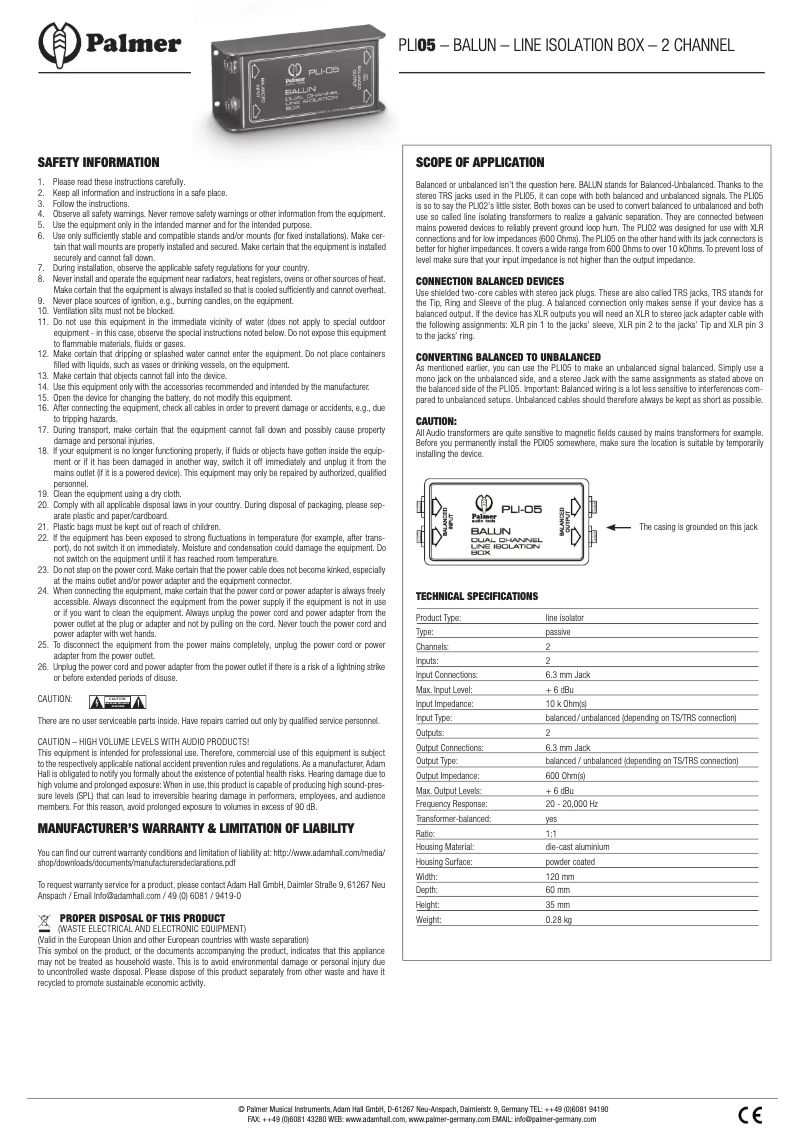 Page 1 de la notice Manuel utilisateur Palmer PLI-05