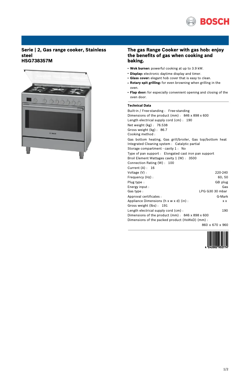 Page 1 of the manual Technical Sheet Bosch HSG738357M