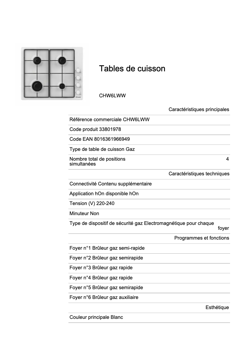 Page 1 de la notice Fiche technique Candy CHW6LWW