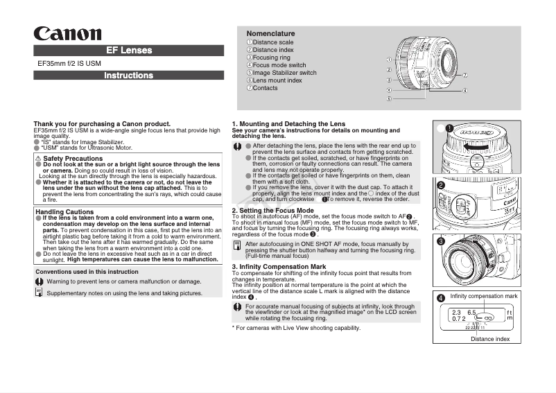 Imagen de la primera página del manual del dispositivo EF 35MM F2 IS USM