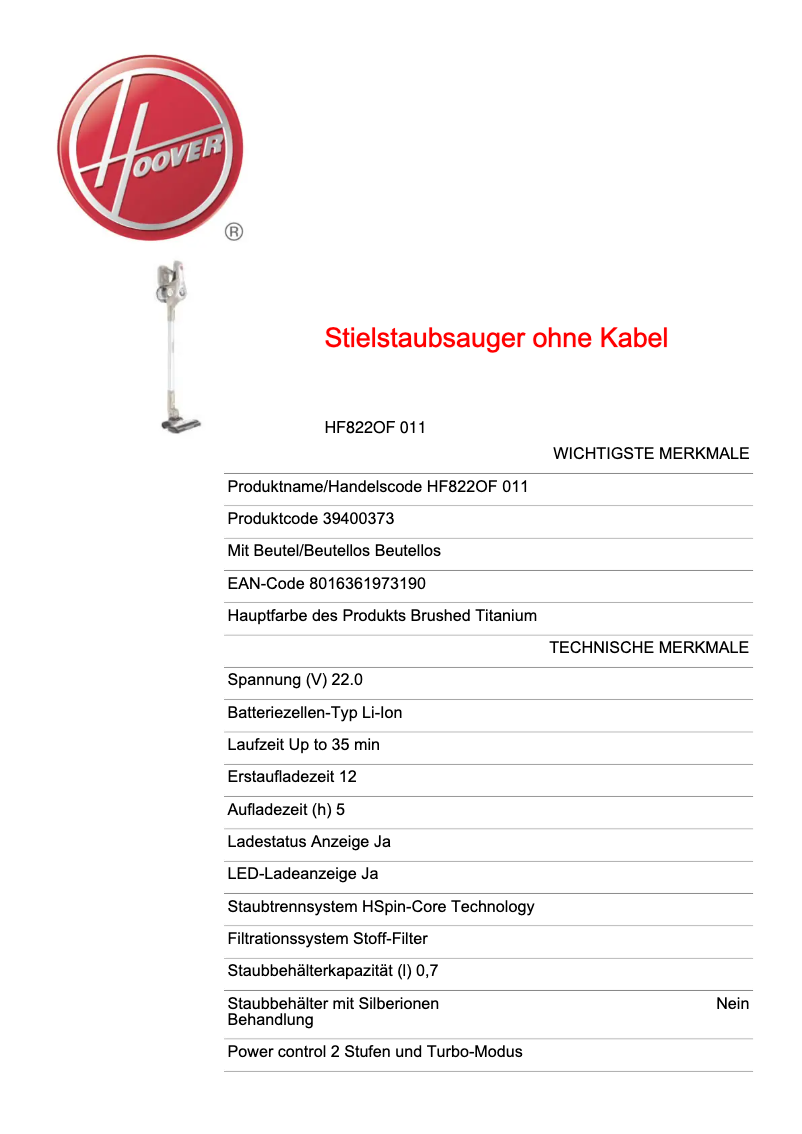 Page 1 de la notice Fiche technique Hoover H-Free 800