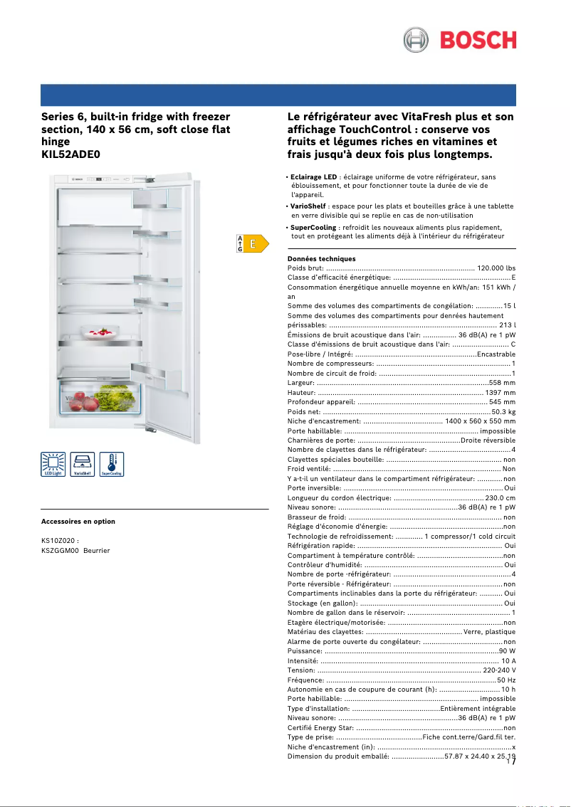 Page n°1 - Fiche technique Bosch KIL52ADE0