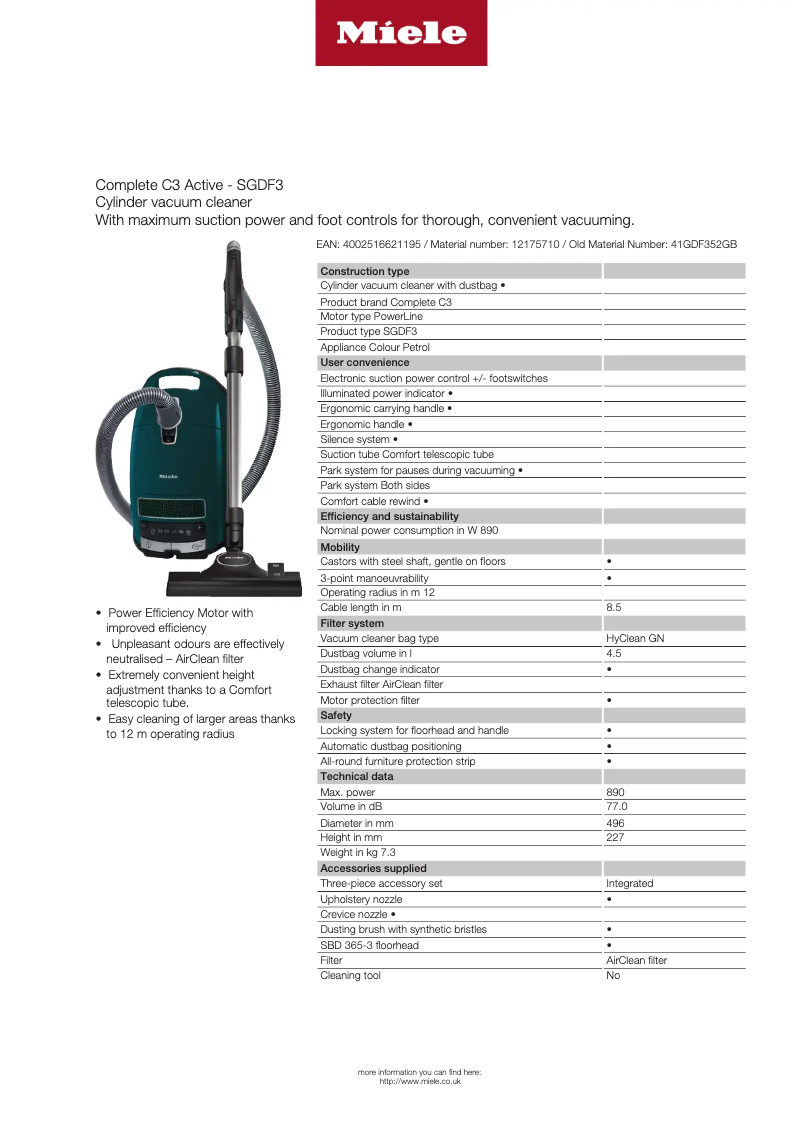 Página 1 del manual Ficha técnica Miele Complete C3 Active