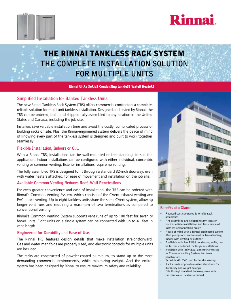 Page 1 de la notice Fiche technique Rinnai Tankless Rack System TRS06IN