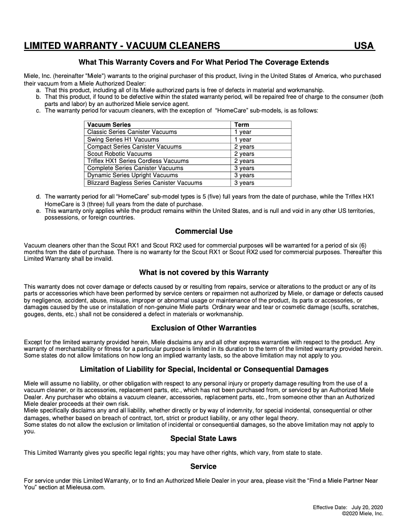 Page 1 de la notice Informations de garantie Miele Compact C1
