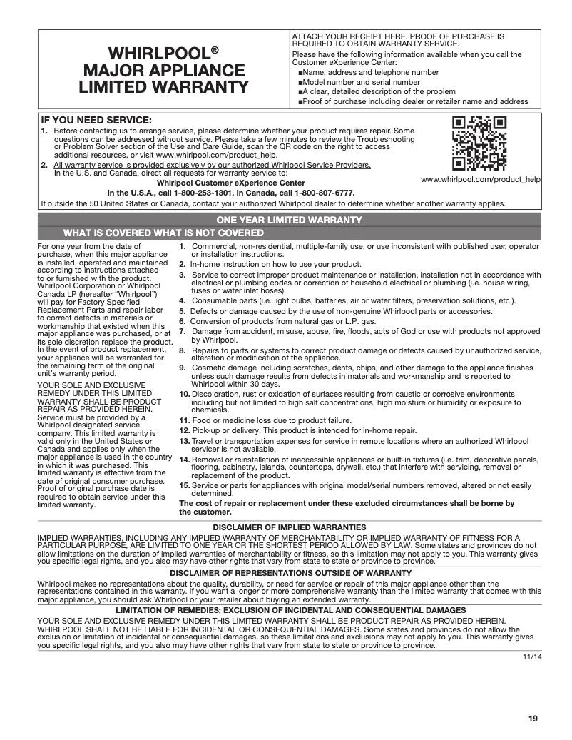 Page 1 de la notice Informations de garantie Whirlpool WEC310S0FS