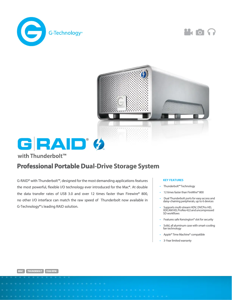 Page 1 de la notice Fiche technique G-Technology G-RAID with Thunderbolt
