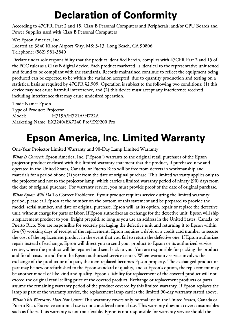 Page 1 de la notice Informations de garantie Epson EX3240