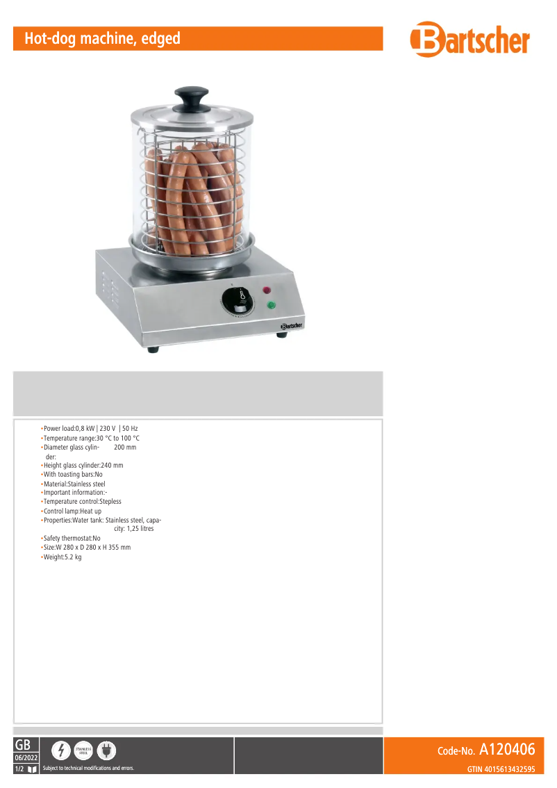 Página 1 del manual Ficha técnica Bartscher A120406