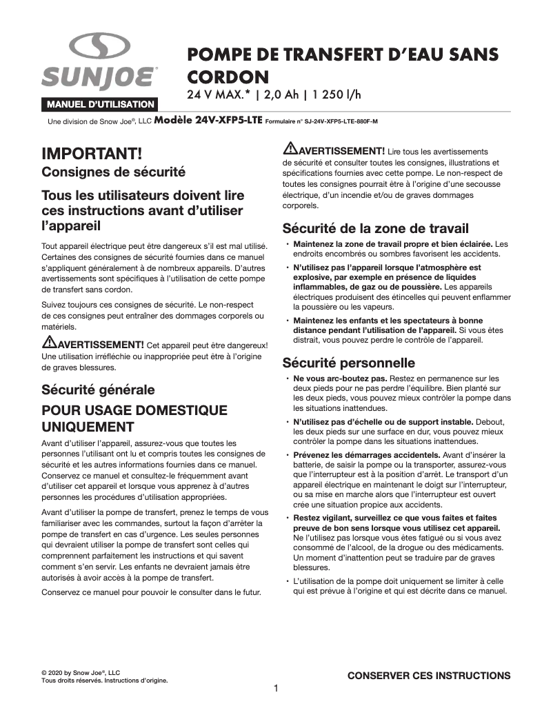 Page 1 de la notice Manuel utilisateur Sun Joe 24V-XFP5-LTE