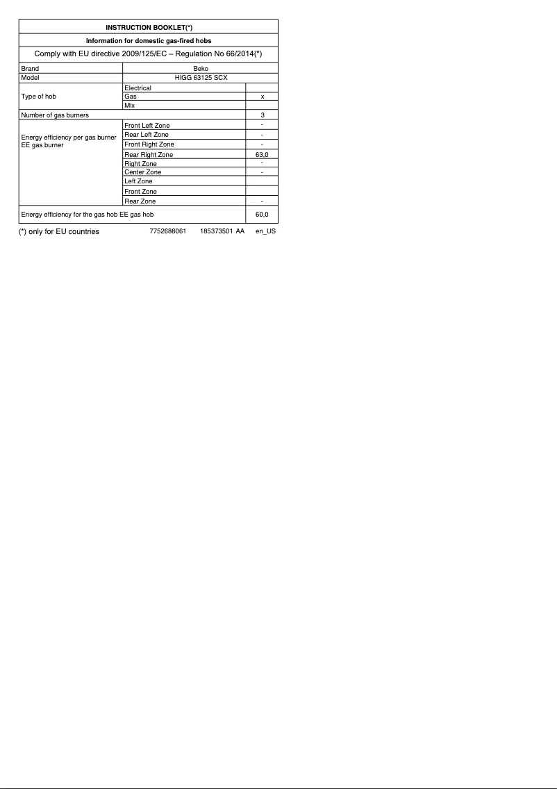 Page 1 de la notice Manuel utilisateur Beko HIGG 63125 SCX