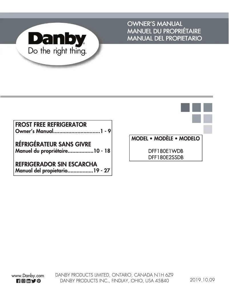 Page 1 de la notice Manuel utilisateur Danby DFF180E1WDB