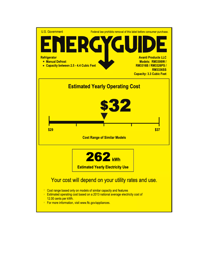 Page 1 de la notice Label énergétique Avanti RM3306W
