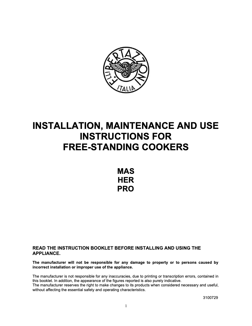 Page 1 de la notice Manuel utilisateur Bertazzoni PRO105I3ENET