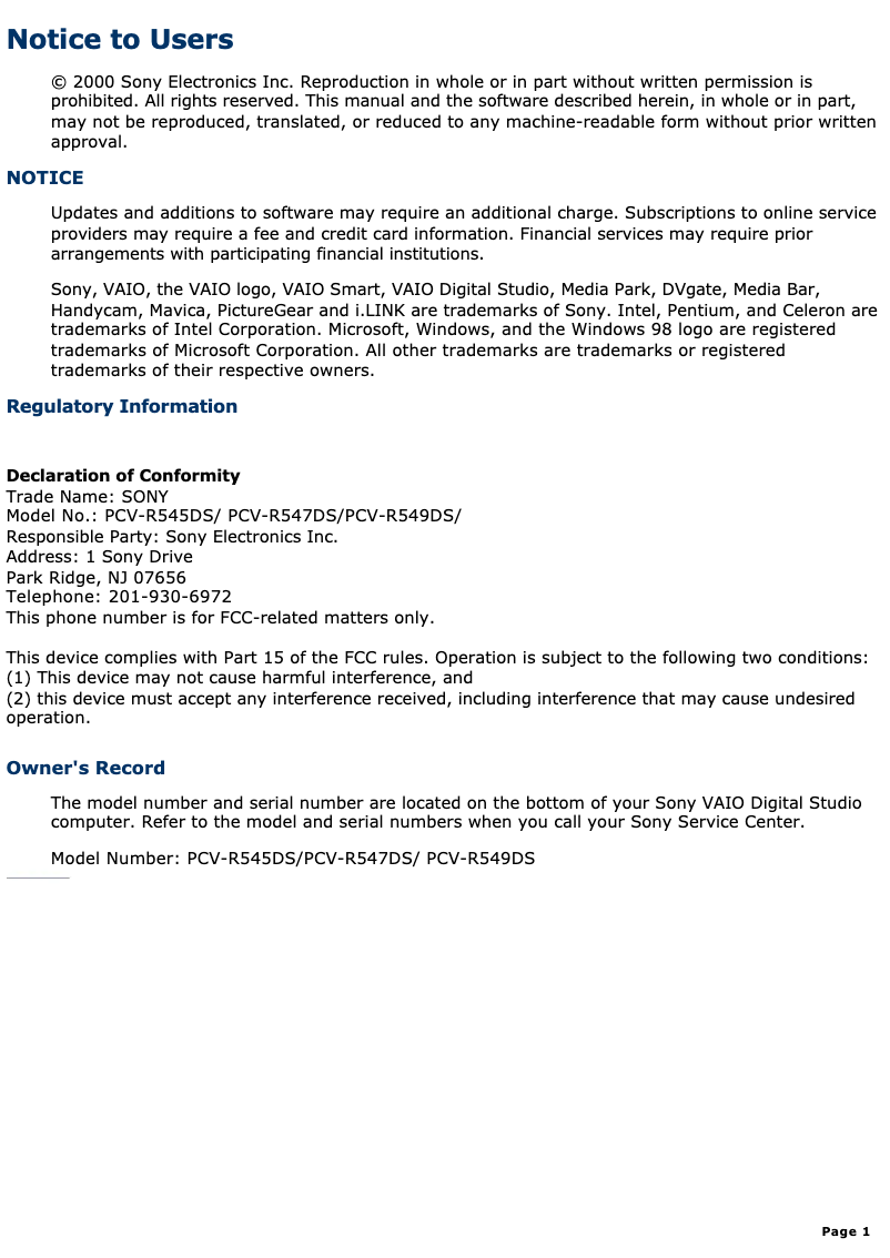 Image de la première page du manuel de l'appareil Vaio PCV-R549DS