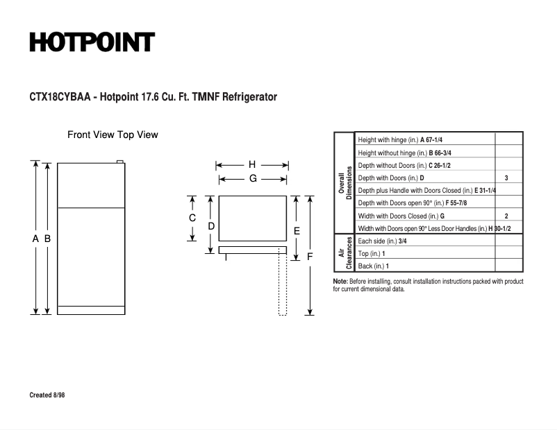 Page 1 de la notice Fiche technique Hotpoint CTX18CYBLAA