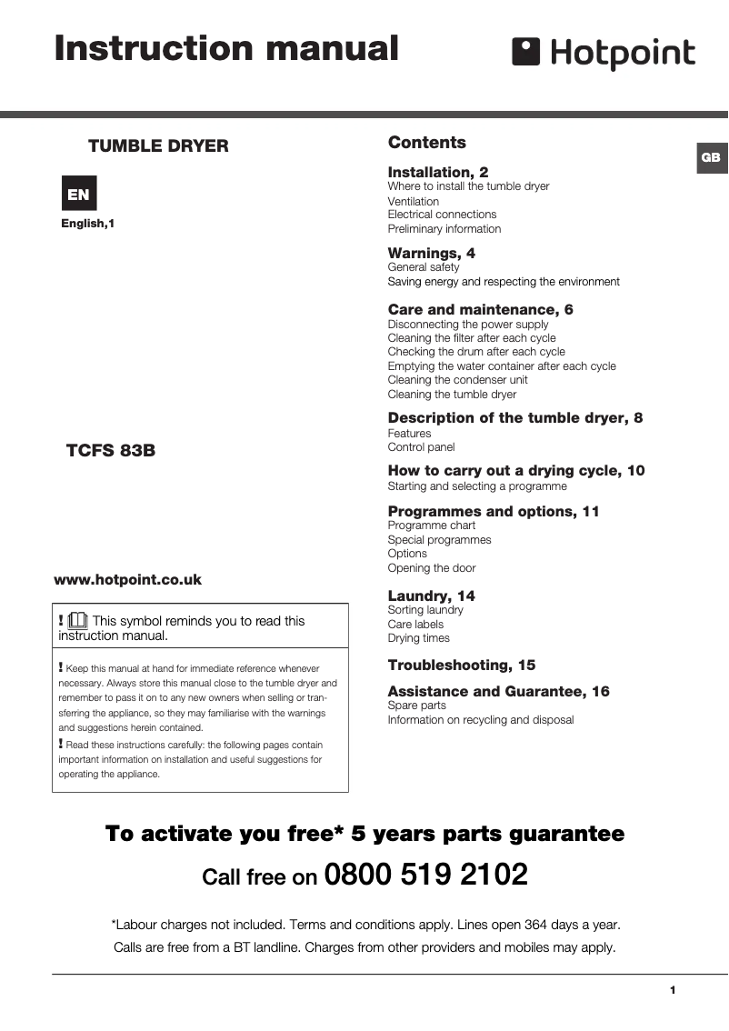 Page n°1 - Manuel utilisateur Hotpoint TCFS 83B GK