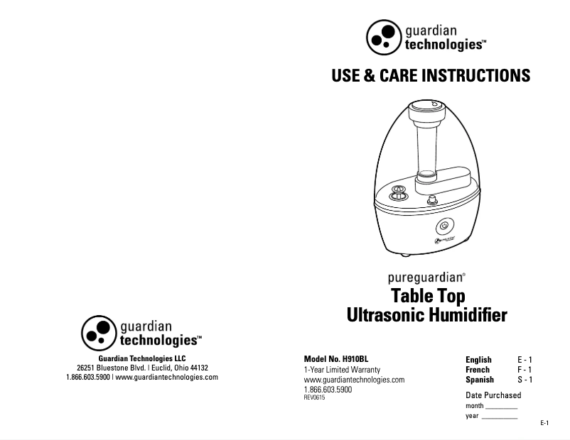 Page n°1 - Manuel utilisateur PureGuardian H910BL